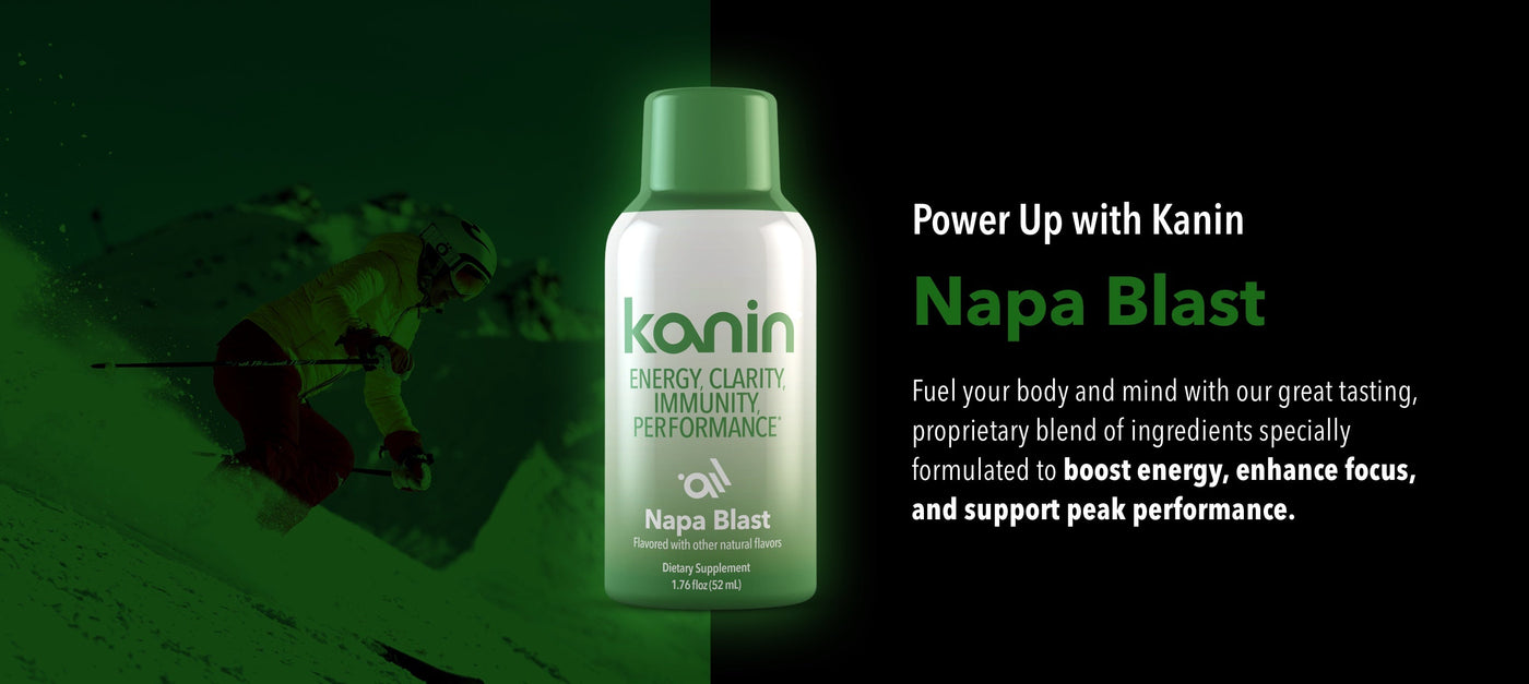 Kanin Napa Blast energy supplement bottle with silhouettes against a green background. Formulated to boost energy, enhance focus, and support peak performance.