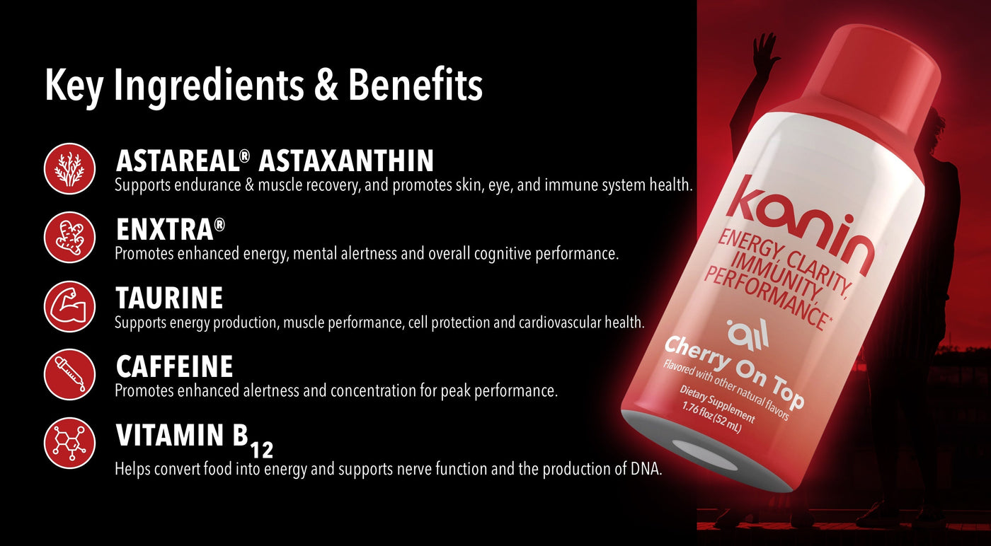 Kanin cherry on top flavored energy drink bottle with key ingredients and benefits listed on a red background. Astaxanthin, enxtra, taurine, caffeine, and vitamin b-12.
